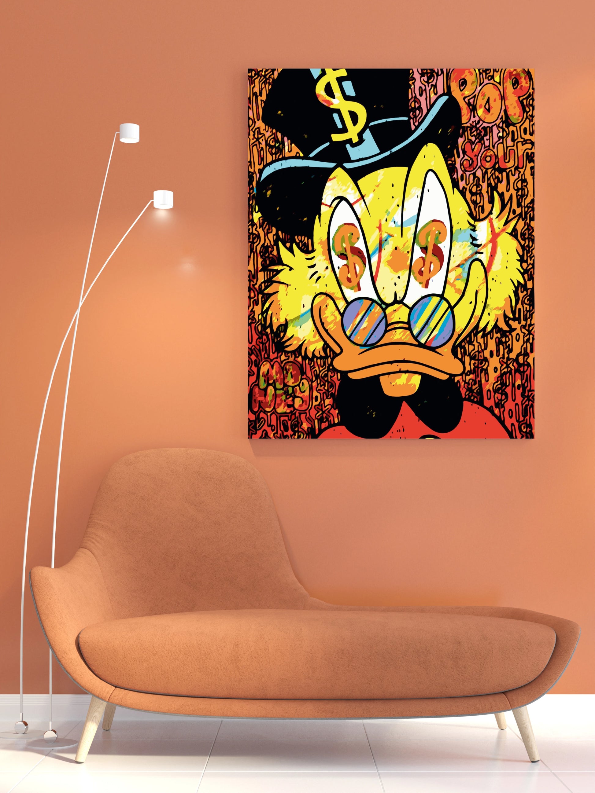 Pop art canvas of Zio Paperone on orange wall, featuring bright colors and dollar signs, with modern decor in the foreground.